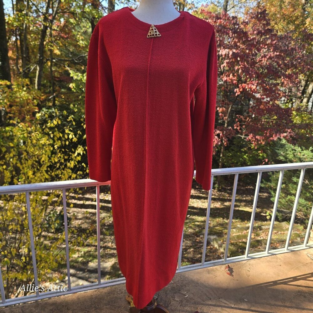 Castleberry London NY Vtg 70s 80s Red Knit Long‎ Sleeve Terry Cloth Dress USA 12